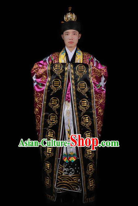 Chinese National Taoism Embroidered Cranes Rosy Cassock Traditional Taoist Priest Rites Costume for Men