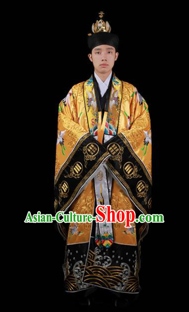 Chinese National Taoism Embroidered Cranes Yellow Cassock Traditional Taoist Priest Rites Costume for Men