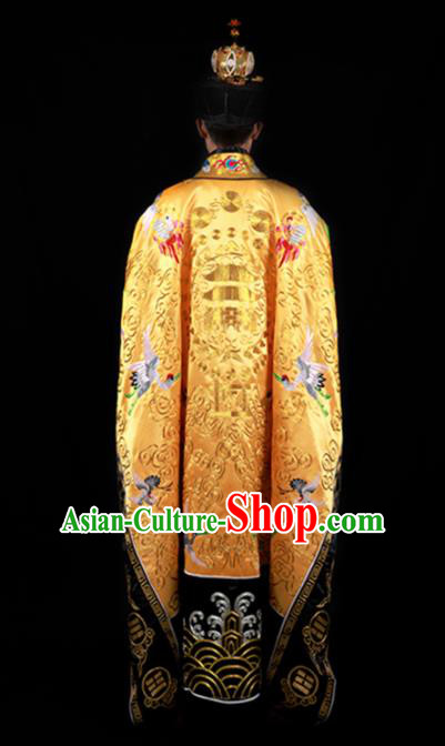 Chinese National Taoism Embroidered Cranes Yellow Cassock Traditional Taoist Priest Rites Costume for Men