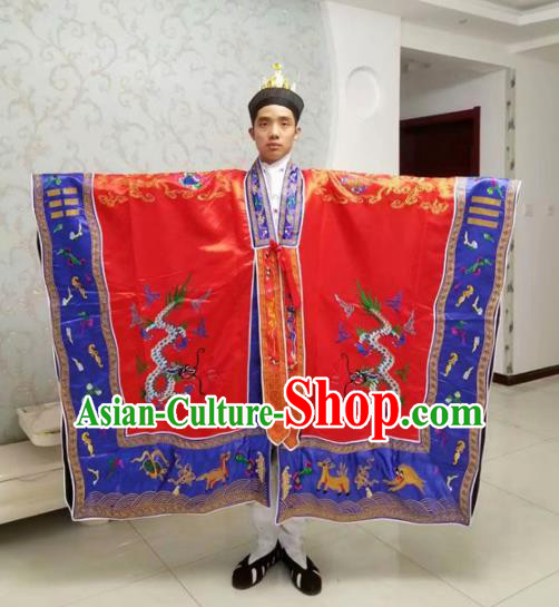 Chinese National Taoism Embroidered Dragons Red Priest Frock Cassock Traditional Taoist Priest Rites Costume for Men