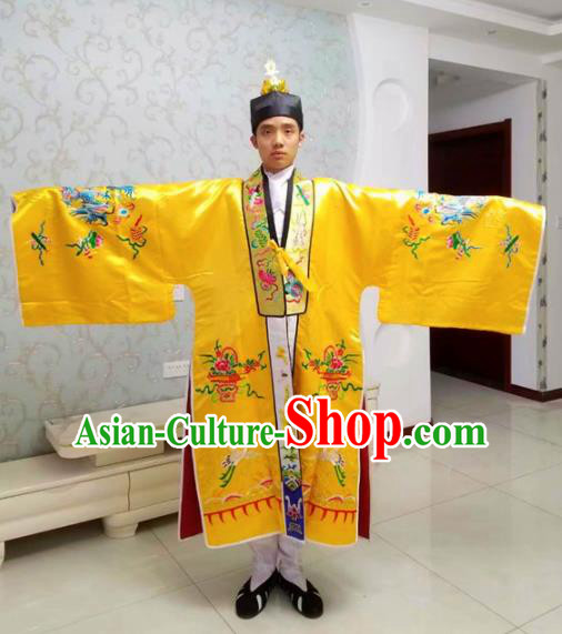 Chinese National Taoism Embroidered Dragons Yellow Priest Frock Cassock Traditional Taoist Priest Rites Costume for Men