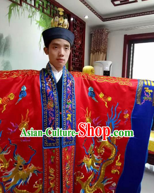 Chinese National Taoism Embroidered Red Priest Frock Cassock Traditional Taoist Priest Rites Costume for Men