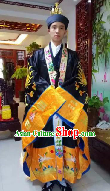 Chinese National Taoism Embroidered Dragons Black Priest Frock Cassock Traditional Taoist Priest Rites Costume for Men