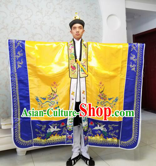 Chinese National Taoism Embroidered Dragons Yellow Priest Frock Cassock Traditional Taoist Priest Rites Costume for Men