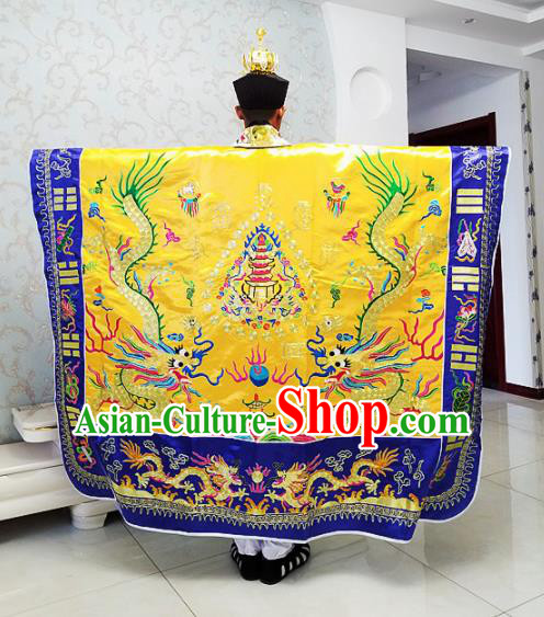 Chinese National Taoism Embroidered Dragons Yellow Priest Frock Cassock Traditional Taoist Priest Rites Costume for Men