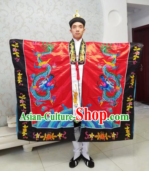 Chinese National Taoism Red Priest Frock Embroidered Dragons Cassock Traditional Taoist Priest Rites Costume for Men