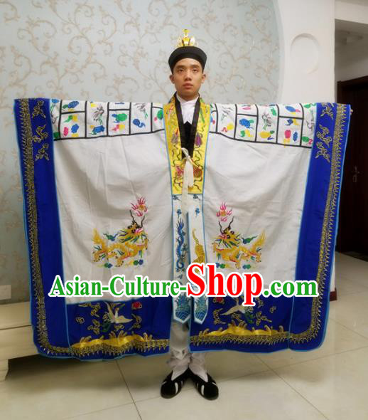 Chinese National Taoism Embroidered Dragons White Cassock Traditional Taoist Priest Rites Costume for Men