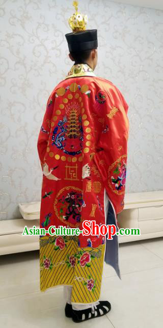 Chinese National Taoism Embroidered Crane Tower Red Cassock Traditional Taoist Priest Rites Costume for Men