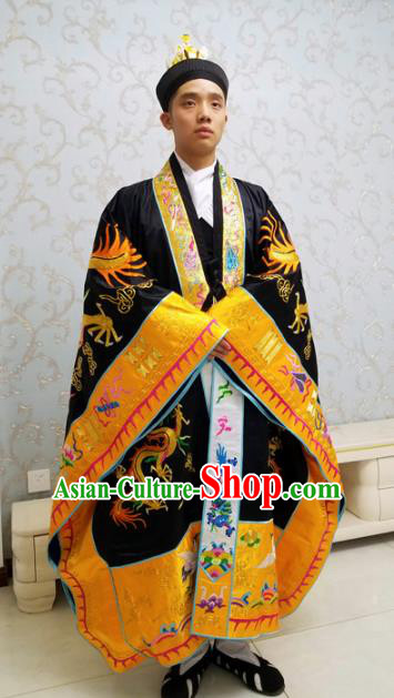 Chinese National Taoism Embroidered Dragons Tower Black Cassock Traditional Taoist Priest Rites Costume for Men