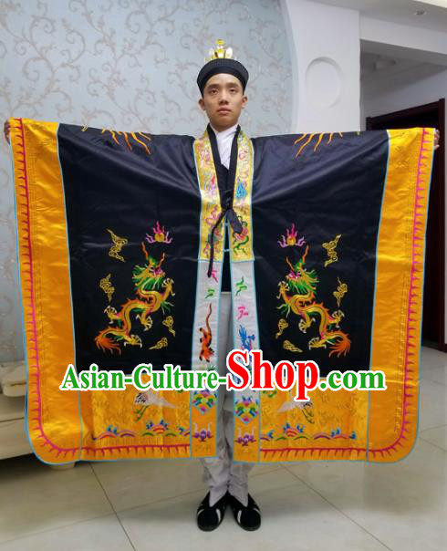 Chinese National Taoism Embroidered Dragons Tower Black Cassock Traditional Taoist Priest Rites Costume for Men