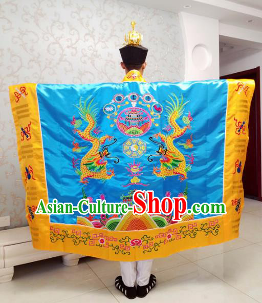 Chinese National Taoism Embroidered Dragons Blue Cassock Traditional Taoist Priest Rites Costume for Men