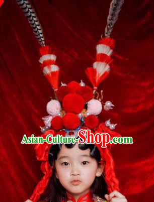 Chinese Traditional Beijing Opera Red Phoenix Coronet Headwear Peking Opera Diva Hair Accessories for Kids