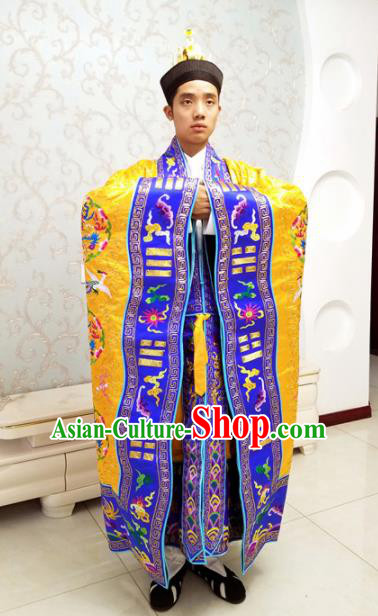 Chinese National Taoism Priest Frock Embroidered Cranes Golden Cassock Traditional Taoist Priest Rites Costume for Men