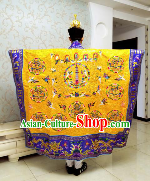 Chinese National Taoism Priest Frock Embroidered Cranes Golden Cassock Traditional Taoist Priest Rites Costume for Men