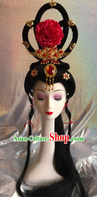 Chinese Traditional Beijing Opera Princess Wigs and Red Peony Hairpins Peking Opera Diva Hair Accessories for Women