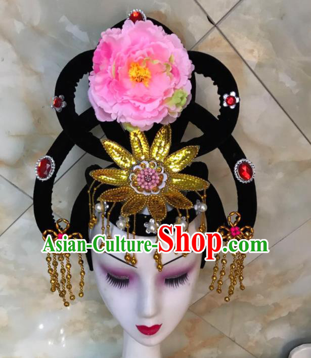 Chinese Traditional Beijing Opera Peri Wigs and Pink Peony Hairpins Peking Opera Princess Hair Accessories for Women