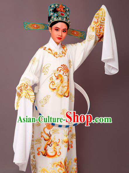 Chinese Traditional Peking Opera Number One Scholar White Embroidered Robe Beijing Opera Niche Costume for Men