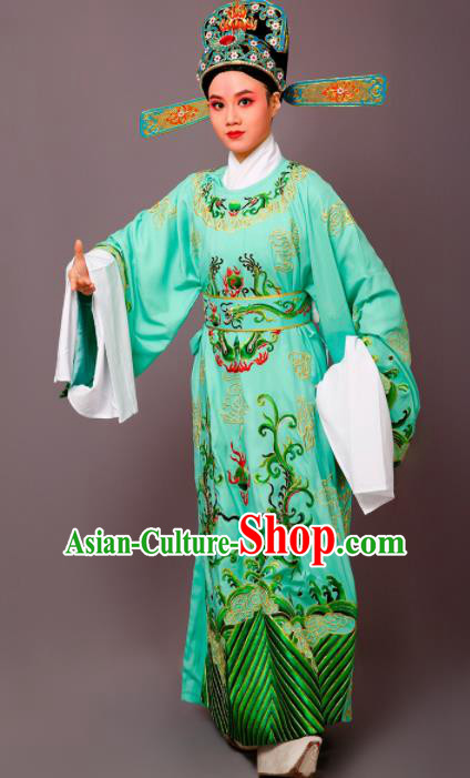 Chinese Traditional Peking Opera Niche Green Embroidered Robe Beijing Opera Number One Scholar Costume for Men