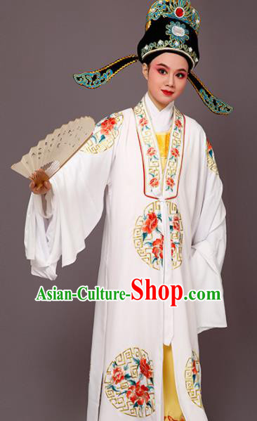 Chinese Traditional Peking Opera Niche Embroidered Peony White Robe Beijing Opera Scholar Costume for Men