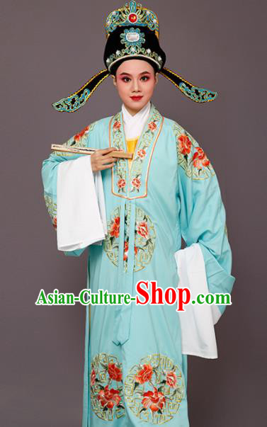 Chinese Traditional Peking Opera Niche Embroidered Peony Blue Robe Beijing Opera Scholar Costume for Men