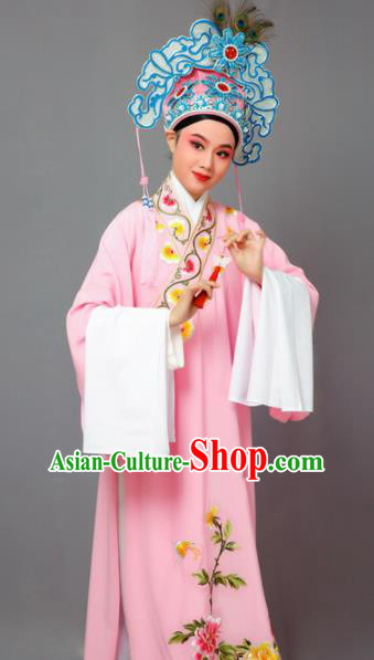 Chinese Traditional Peking Opera Niche Pink Robe Beijing Opera Scholar Embroidered Peony Costume for Men