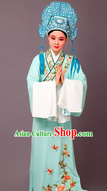 Chinese Traditional Peking Opera Scholar Embroidered Peony Green Robe Beijing Opera Niche Costume for Men