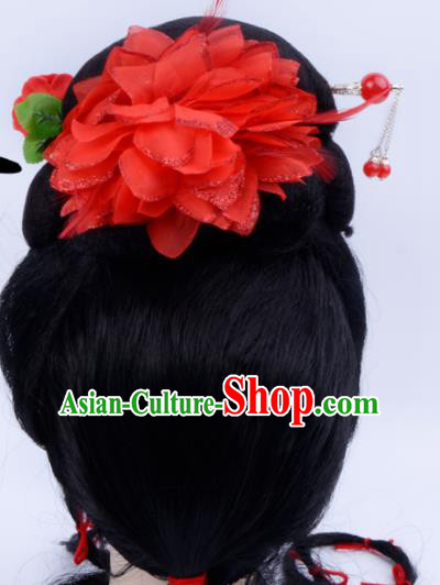 Chinese Traditional Beijing Opera Wig Sheath and Red Flower Hairpins Peking Opera Peri Hair Accessories for Women