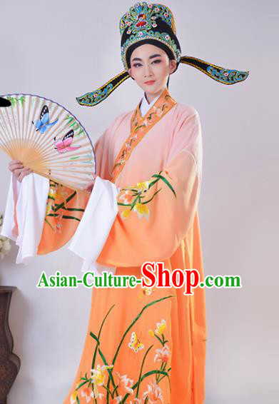 Chinese Traditional Peking Opera Gifted Scholar Embroidered Orchid Orange Robe Beijing Opera Niche Costume for Men