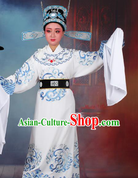 Chinese Traditional Peking Opera Number One Scholar White Embroidered Robe Beijing Opera Niche Costume for Men