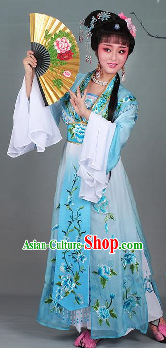 Chinese Traditional Shaoxing Opera Hua Dan Embroidered Blue Dress Beijing Opera Nobility Lady Costume for Women