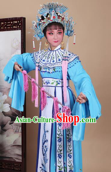 Chinese Traditional Shaoxing Opera Princess Blue Dress Beijing Opera Hua Dan Embroidered Costume for Women