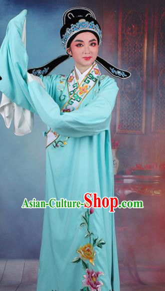 Chinese Traditional Peking Opera Niche Embroidered Peony Light Blue Robe Beijing Opera Scholar Costume for Men