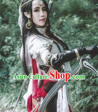 Chinese Traditional Cosplay Female Knight Embroidered White Dress Ancient Swordswoman Costume for Women