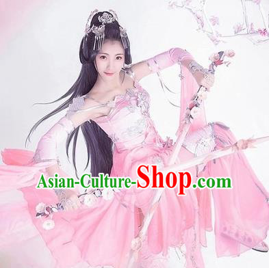 Chinese Traditional Cosplay Female Knight Pink Hanfu Dress Ancient Swordswoman Costume for Women