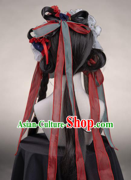 Chinese Traditional Cosplay Wigs Ancient Moon Goddess Peri Wig Sheath and Hairpins Hair Accessories for Women