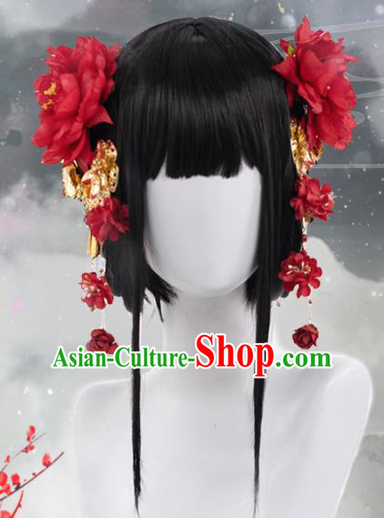 Chinese Traditional Cosplay Swordswoman Wigs Ancient Peri Wig Sheath and Hairpins Hair Accessories for Women