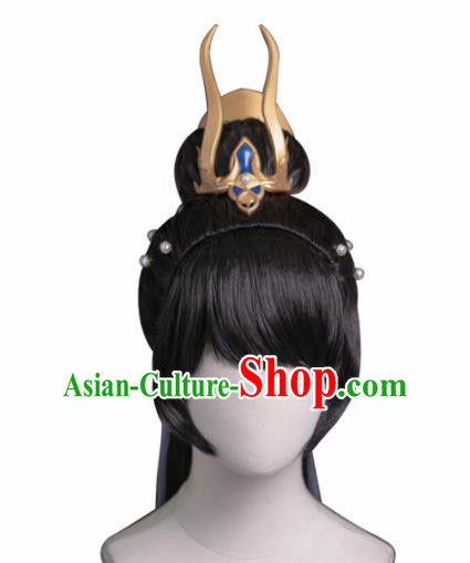 Chinese Traditional Cosplay Female Knight Wigs Ancient Swordswoman Wig Sheath and Hairpins Hair Accessories for Women