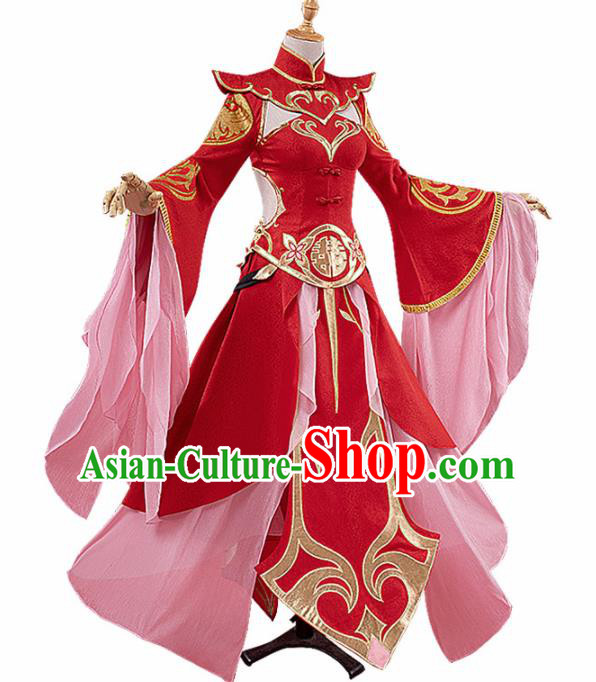 Chinese Traditional Cosplay Peri Red Hanfu Dress Ancient Halloween Swordswoman Costume for Women