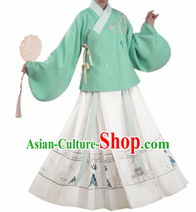 Chinese Traditional Ming Dynasty Green Blouse and White Skirt Ancient Nobility Lady Costume for Women