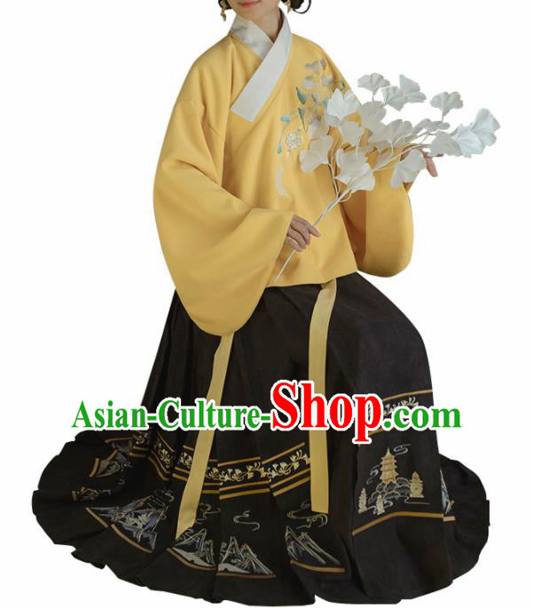 Chinese Traditional Ming Dynasty Yellow Blouse and Black Skirt Ancient Nobility Lady Costume for Women