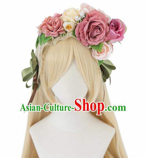 Japanese Traditional Cosplay Princess Wigs Ancient Kimono Wig Sheath and Pink Peony Hairpins Hair Accessories for Women