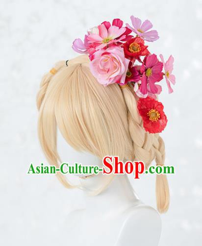 Japanese Traditional Cosplay Princess Wigs Ancient Kimono Wig Sheath and Pink Rose Hairpins Hair Accessories for Women