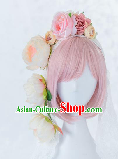 Japanese Traditional Cosplay Princess Wigs and Pink Peony Hair Clasp Ancient Kimono Wig Sheath Hair Accessories for Women