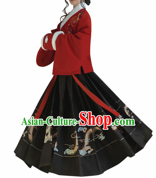 Chinese Traditional Ming Dynasty Red Blouse and Black Skirt Ancient Nobility Lady Costume for Women