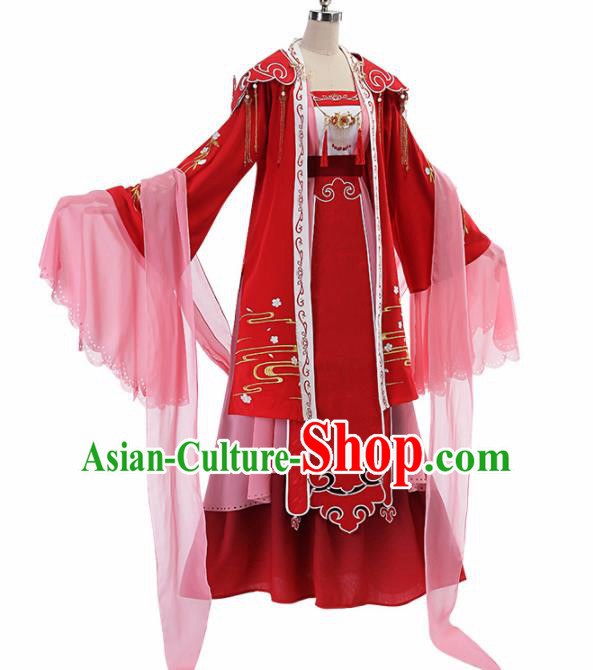 Traditional Halloween Cosplay Swordswoman Costume Chinese Ancient Court Princess Red Hanfu Dress for Women