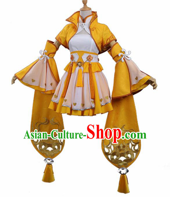 Traditional Halloween Cosplay Swordswoman Costume Ancient Female Knight Yellow Hanfu Dress for Women