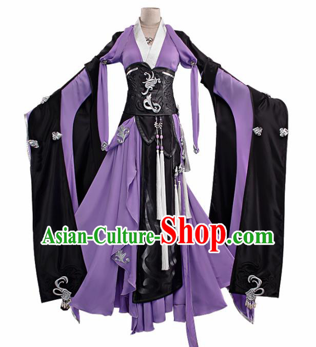 Chinese Traditional Cosplay Peri Princess Costume Ancient Swordswoman Purple Hanfu Dress for Women