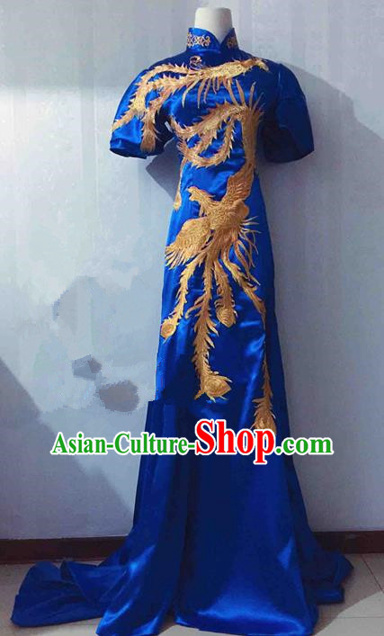 Traditional Chinese Modern Fancywork Costume National Blue Qipao Dress for Women