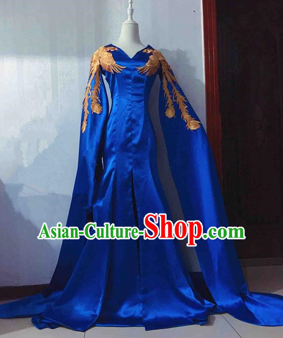 Traditional Chinese Modern Fancywork Costume National Embroidered Phoenix Blue Full Dress for Women