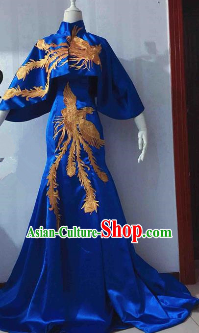 Traditional Chinese Modern Fancywork Costume National Cheongsam Embroidered Phoenix Blue Full Dress for Women